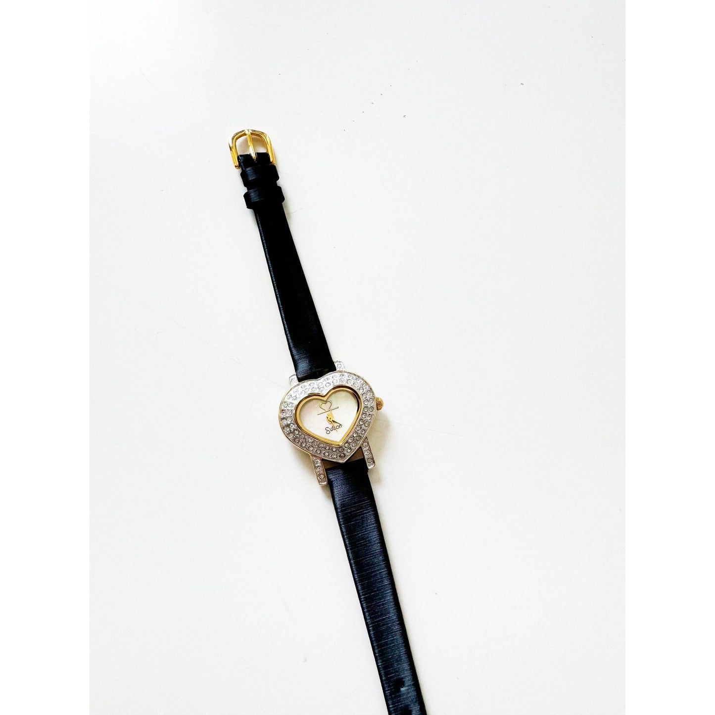 Vintage Leather Black and Gold Heart Crystal Watch with Gold Details | Sulton | New Battery