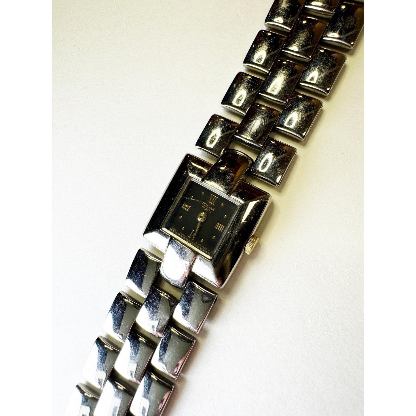 Vintage Silver Watch with Square Black Face | Pulsar