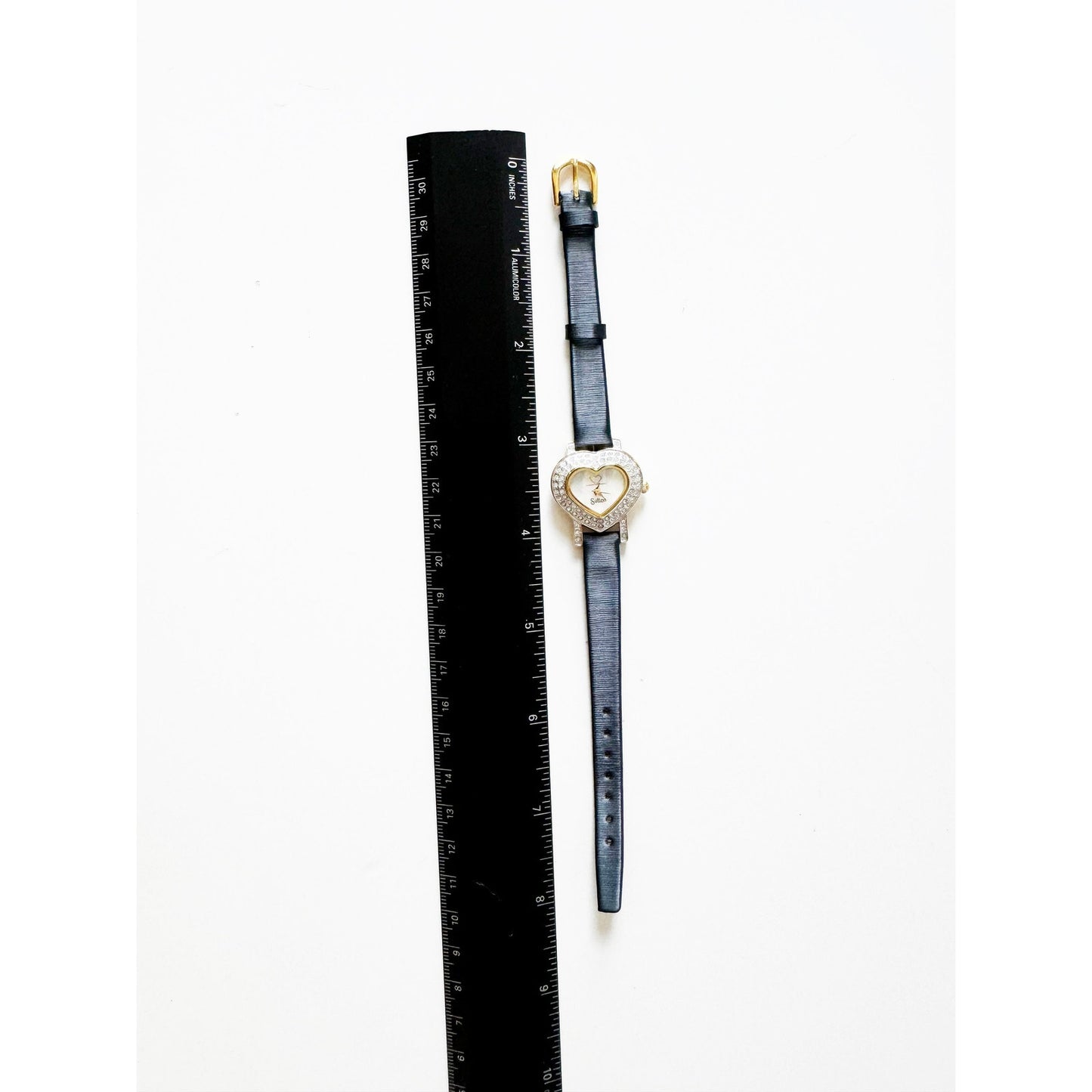 Vintage Leather Black and Gold Heart Crystal Watch with Gold Details | Sulton | New Battery