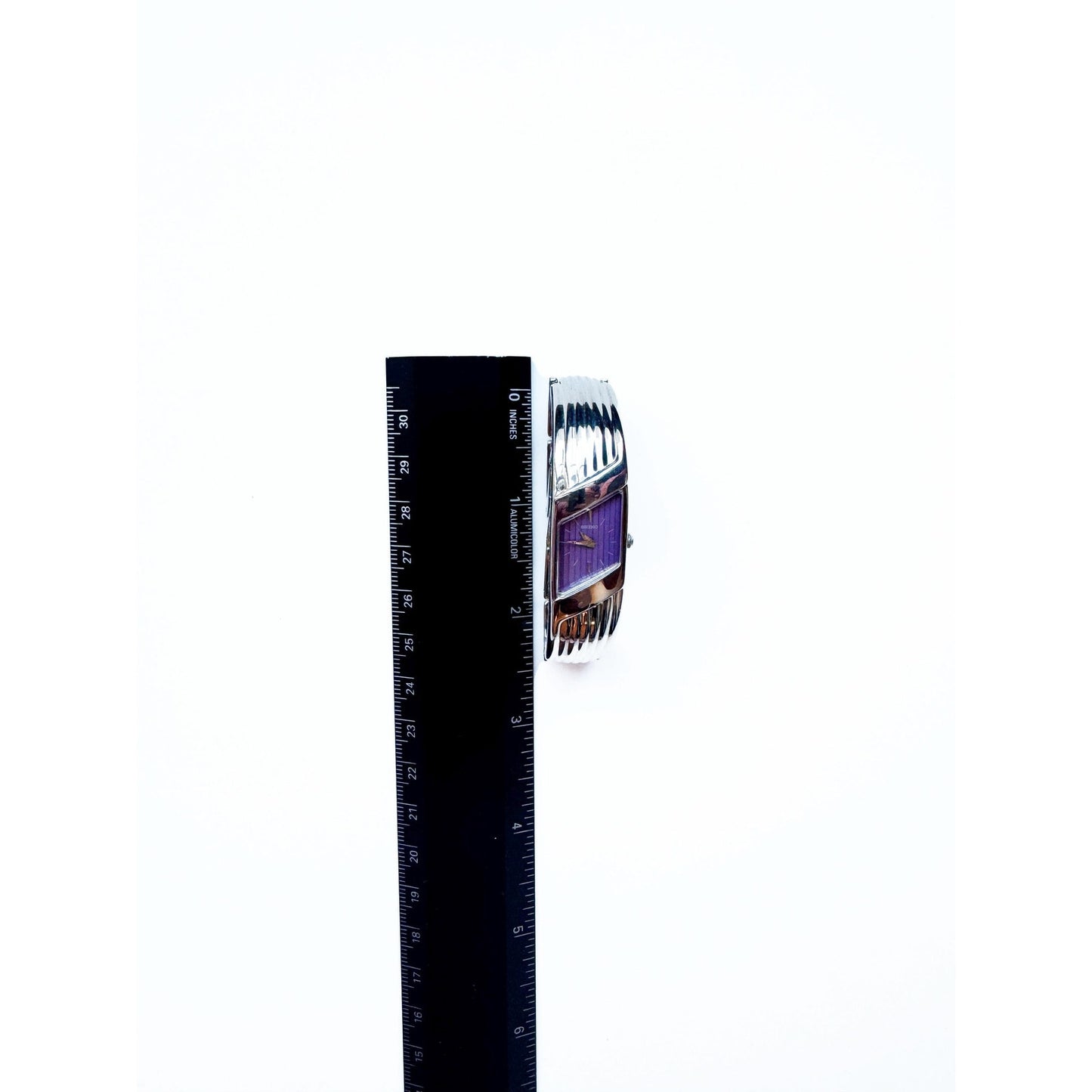 Vintage Silver Watch with Purple Rectangular Face Rare l Seiko