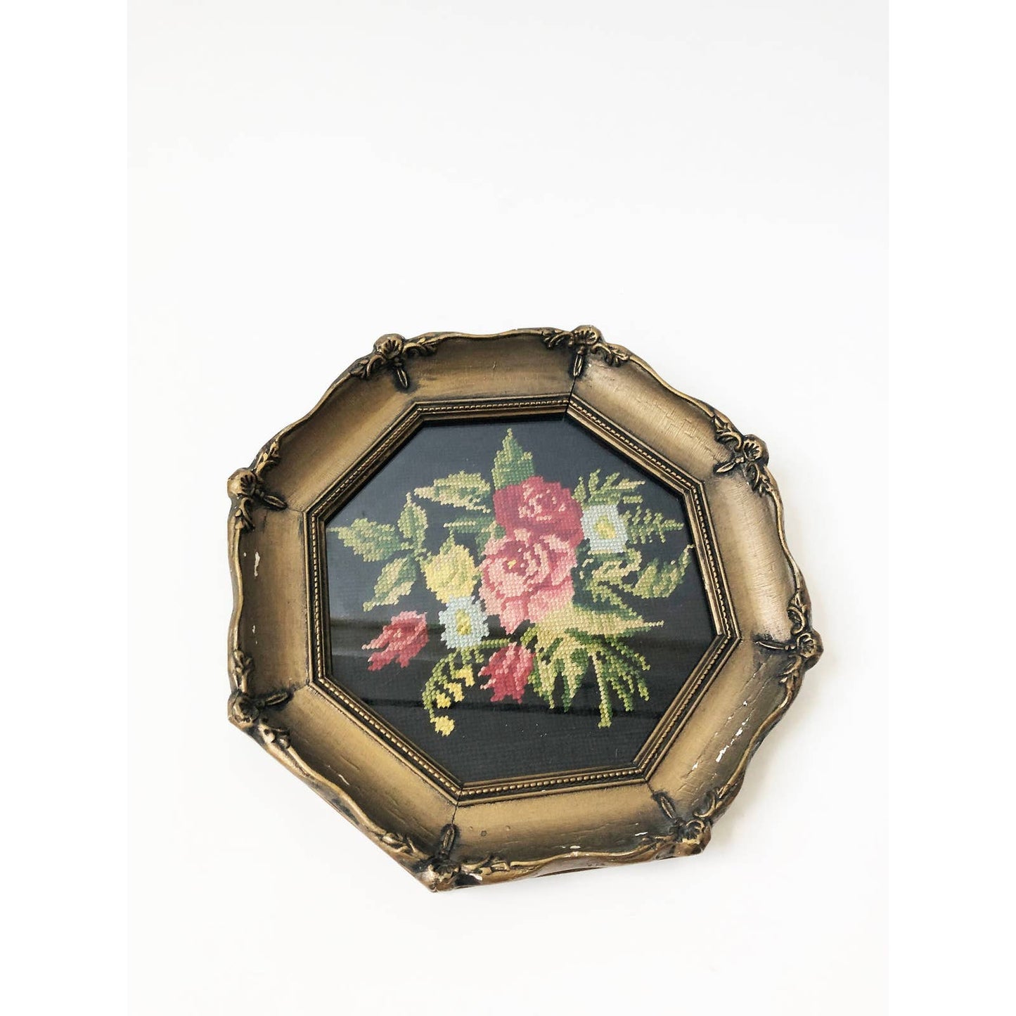 Vintage Octagon Framed Floral Needlepoint