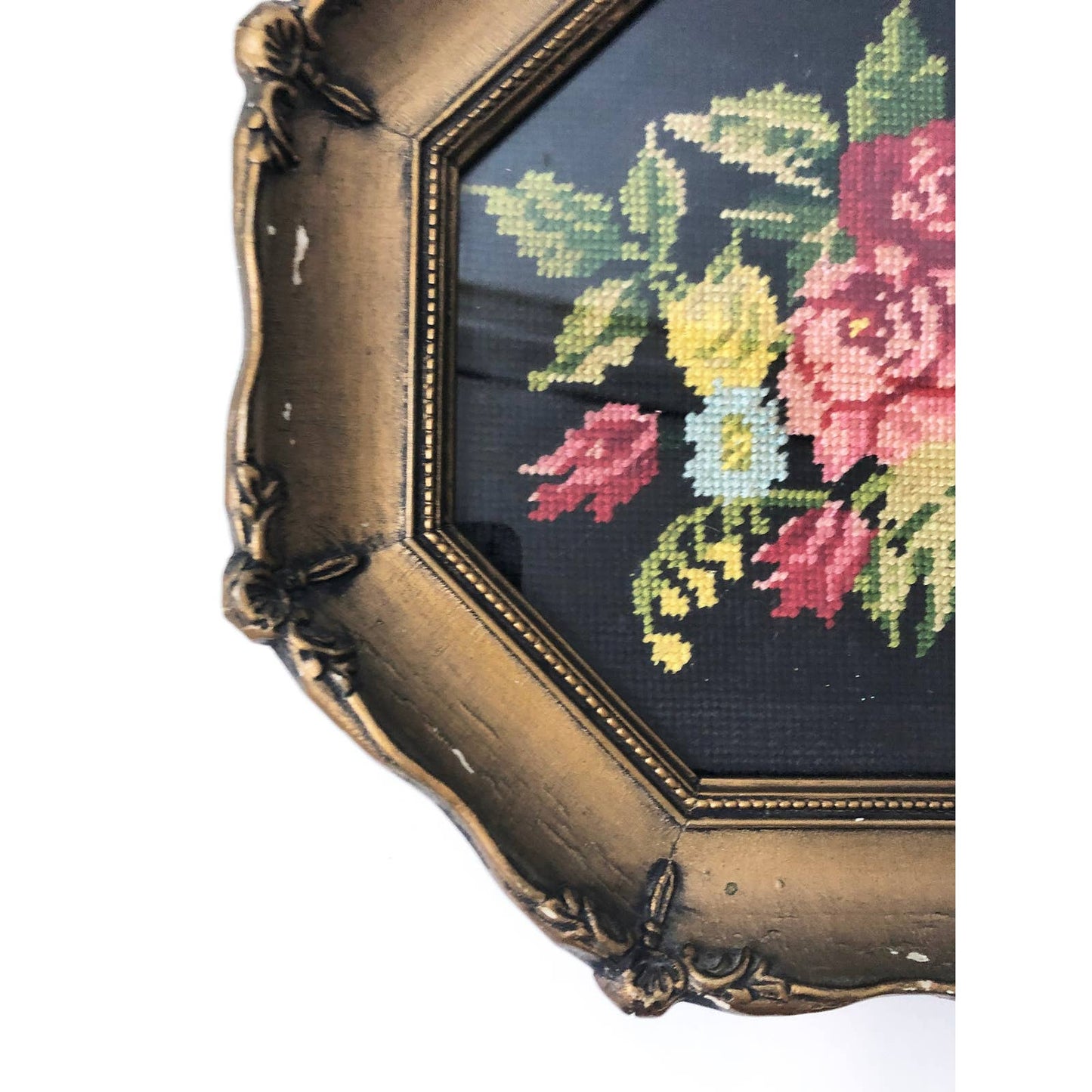 Vintage Octagon Framed Floral Needlepoint